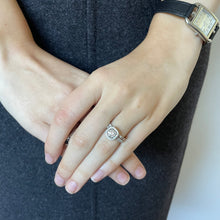 Load image into Gallery viewer, 14k White Gold & Diamond Vintage Halo Engagement Ring & 1/2 Eternity Wedding Band