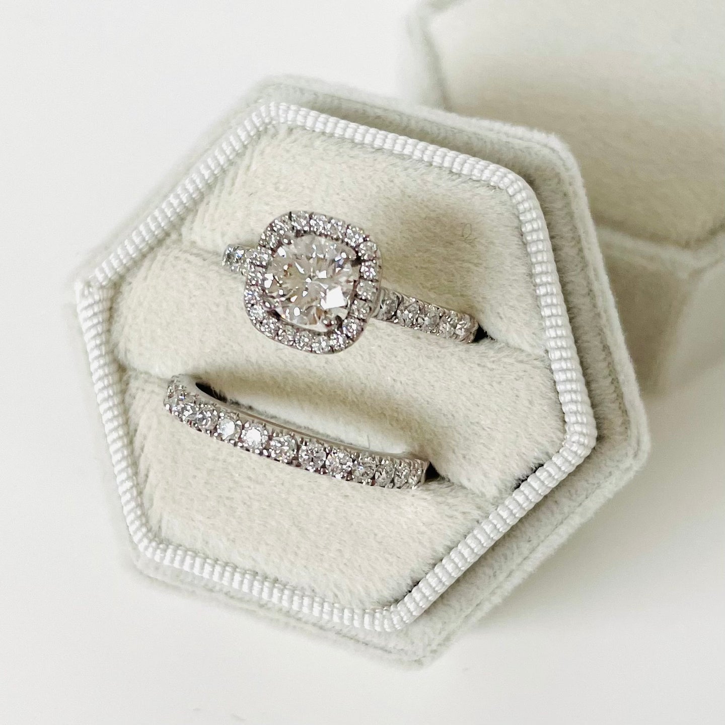 14k White Gold & Diamond Halo Engagement Ring & Wedding Band