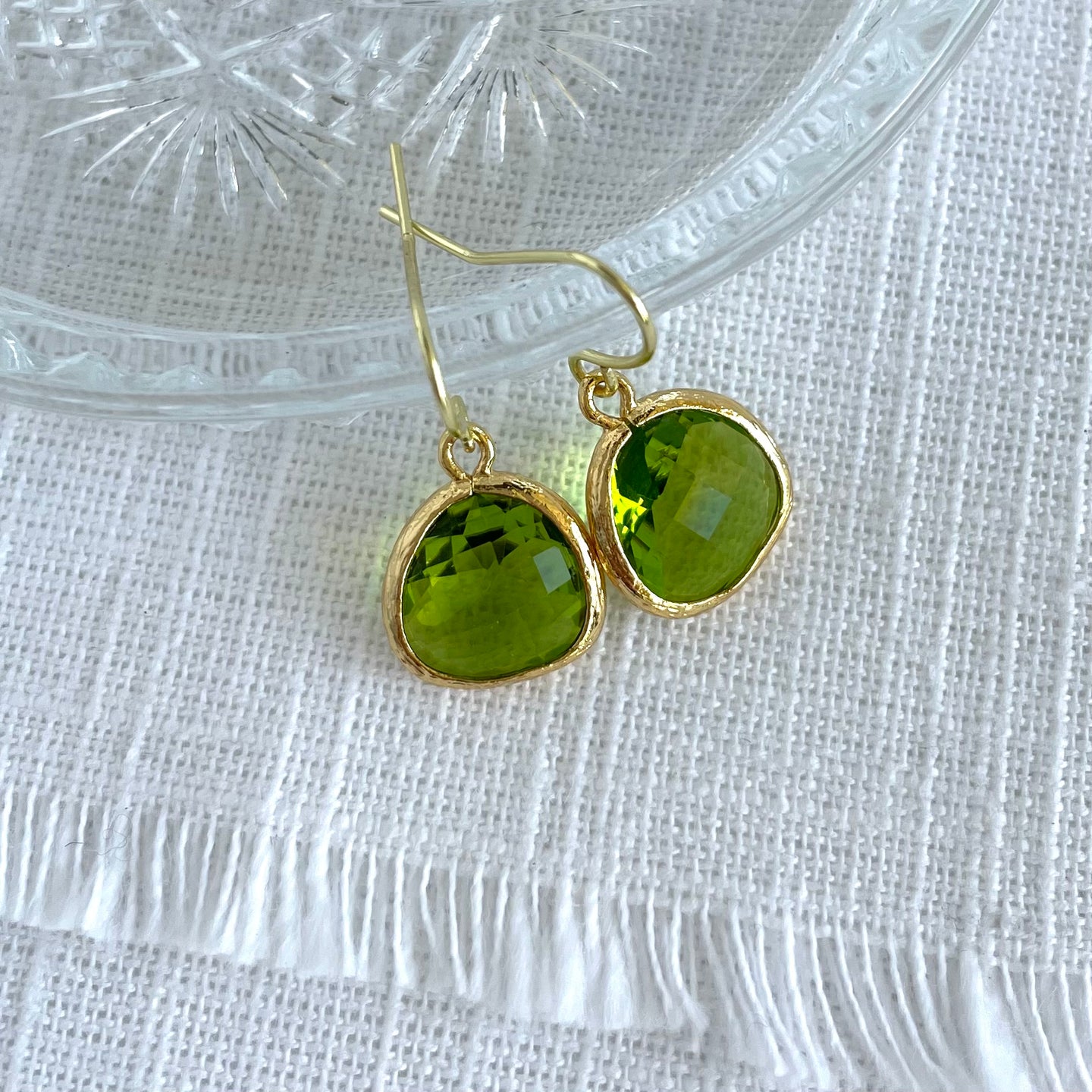 Ear Wires With Bezel Set Peridot Crystals